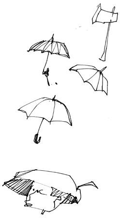 An axe and three umbrellas